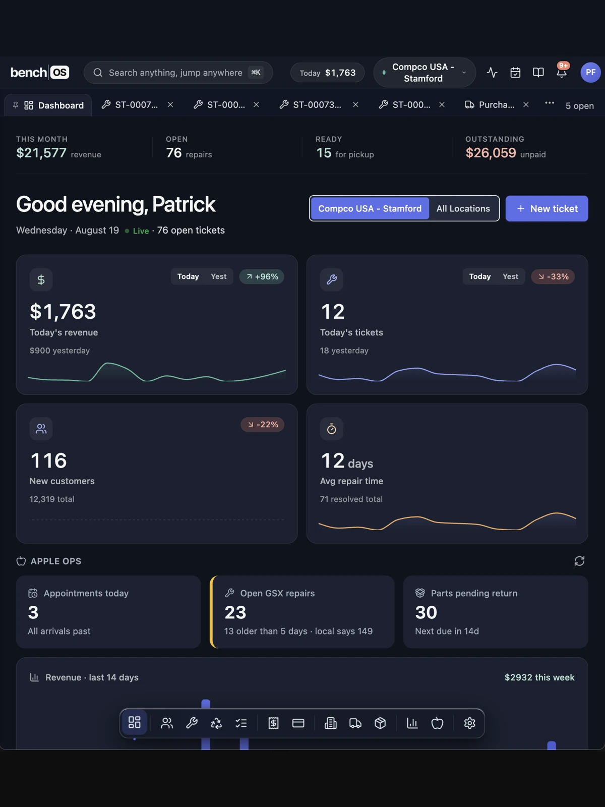 BenchOS on a tablet: today's numbers and Apple Ops at the counter