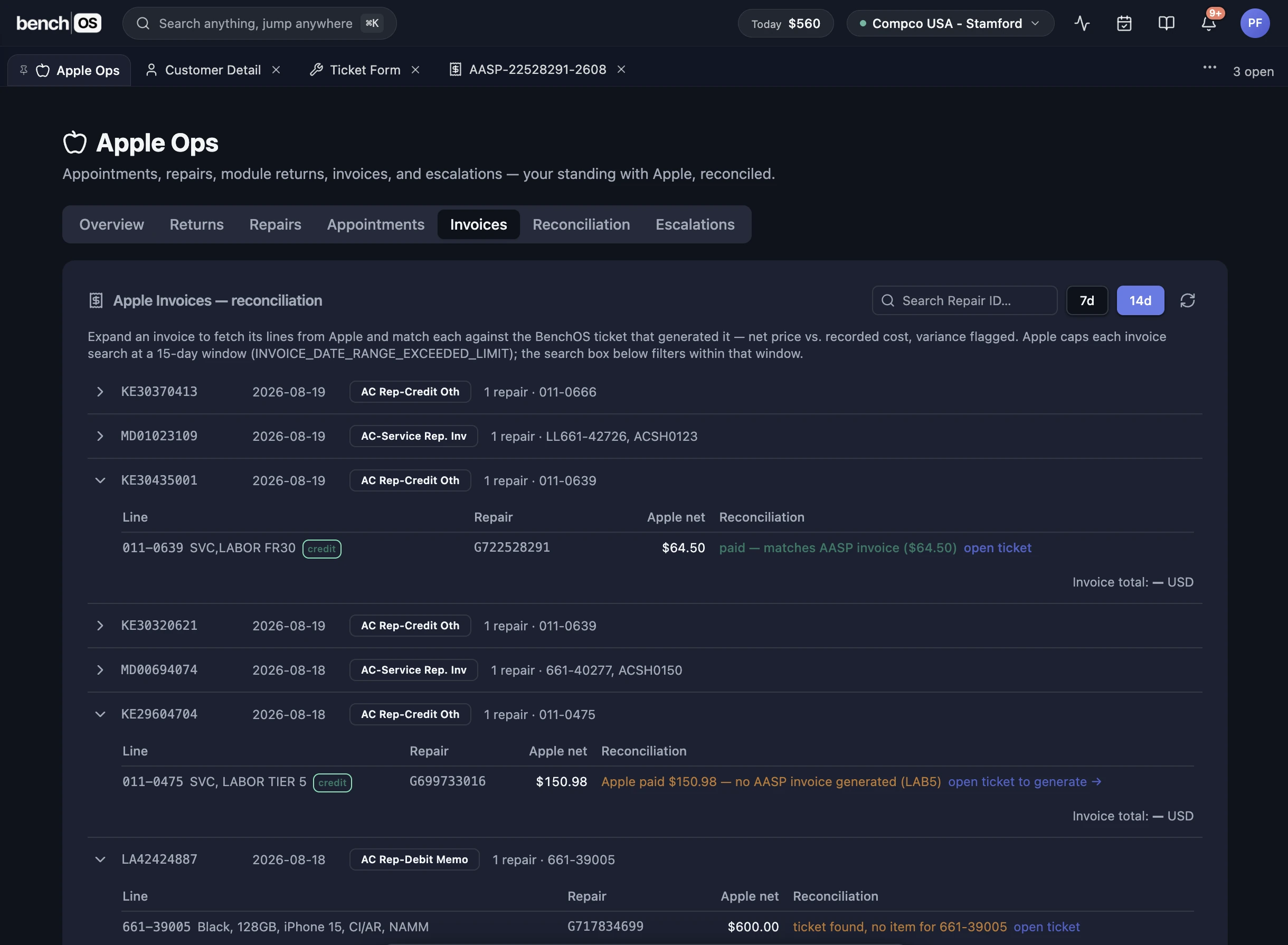 BenchOS Apple Operations: credit memos reconciled against AASP invoices