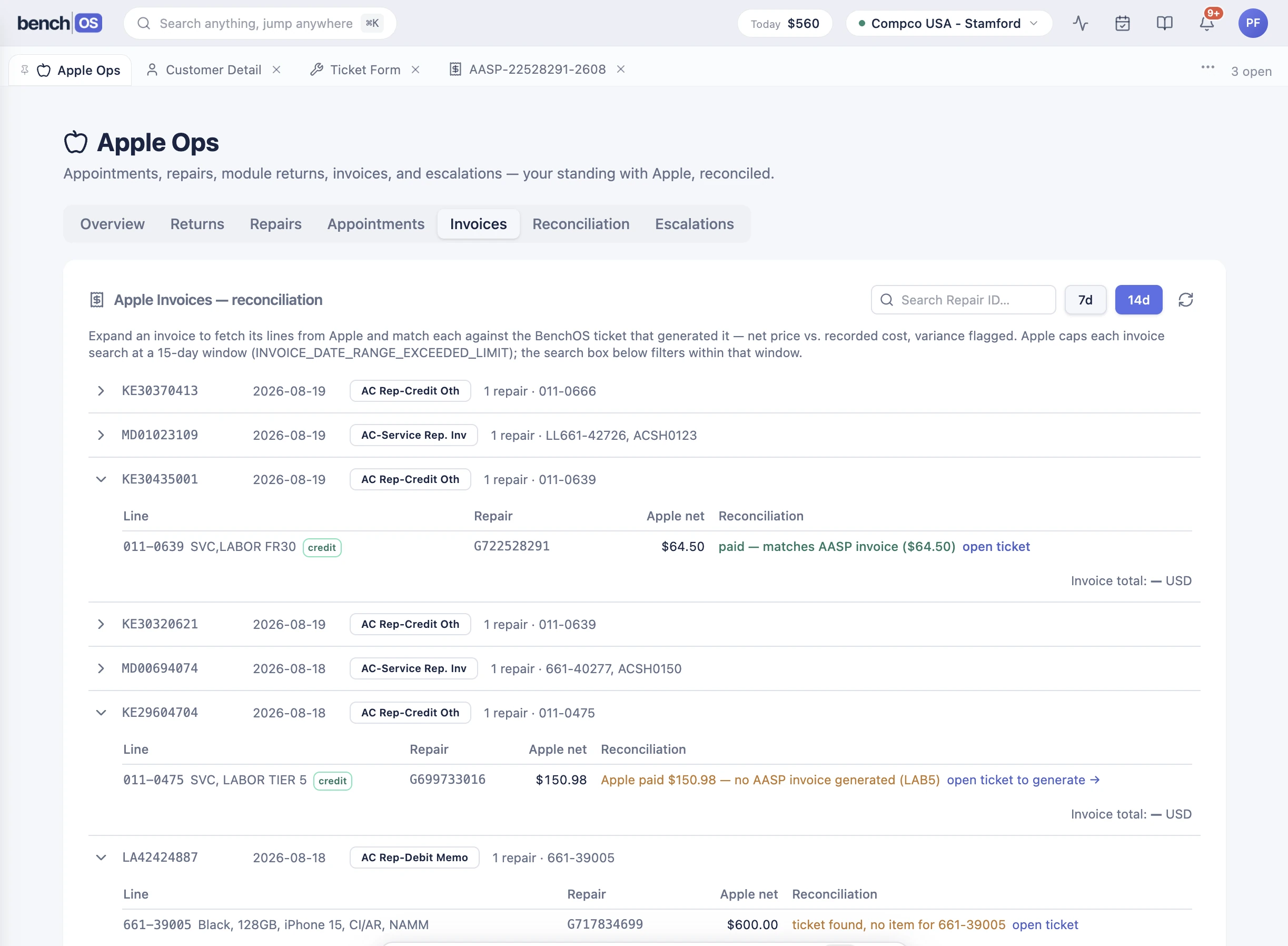 BenchOS Apple Operations in light mode