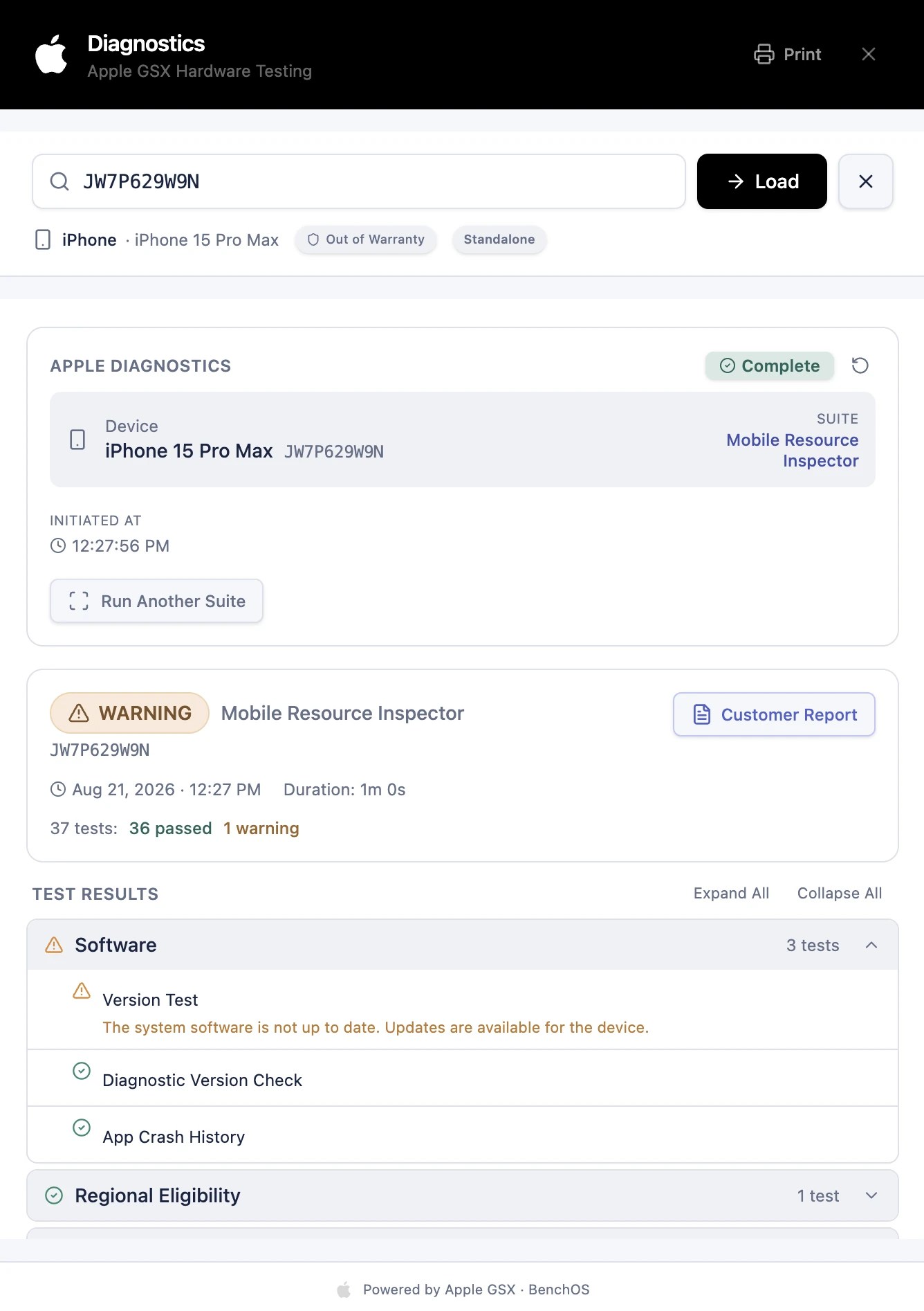 BenchOS AST 2 diagnostics in light mode
