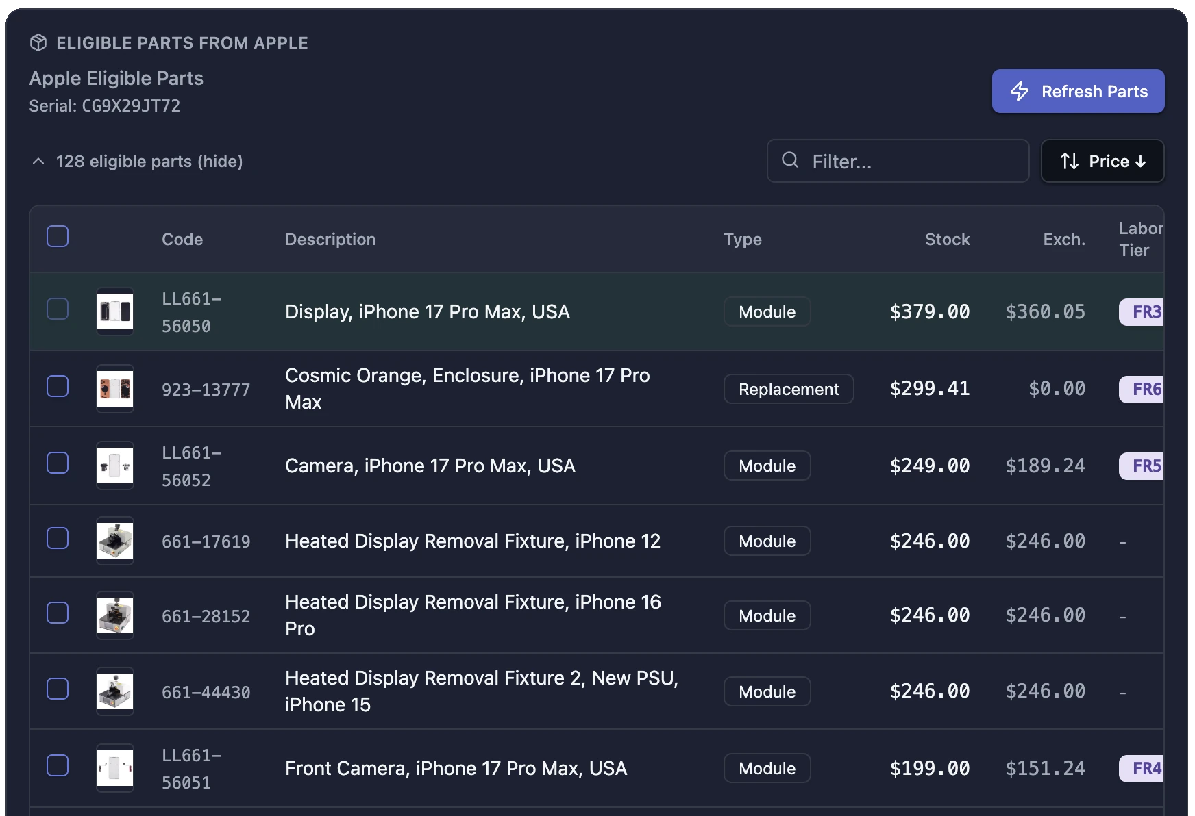 BenchOS parts lookup: 128 eligible Apple parts with live pricing and labor tiers