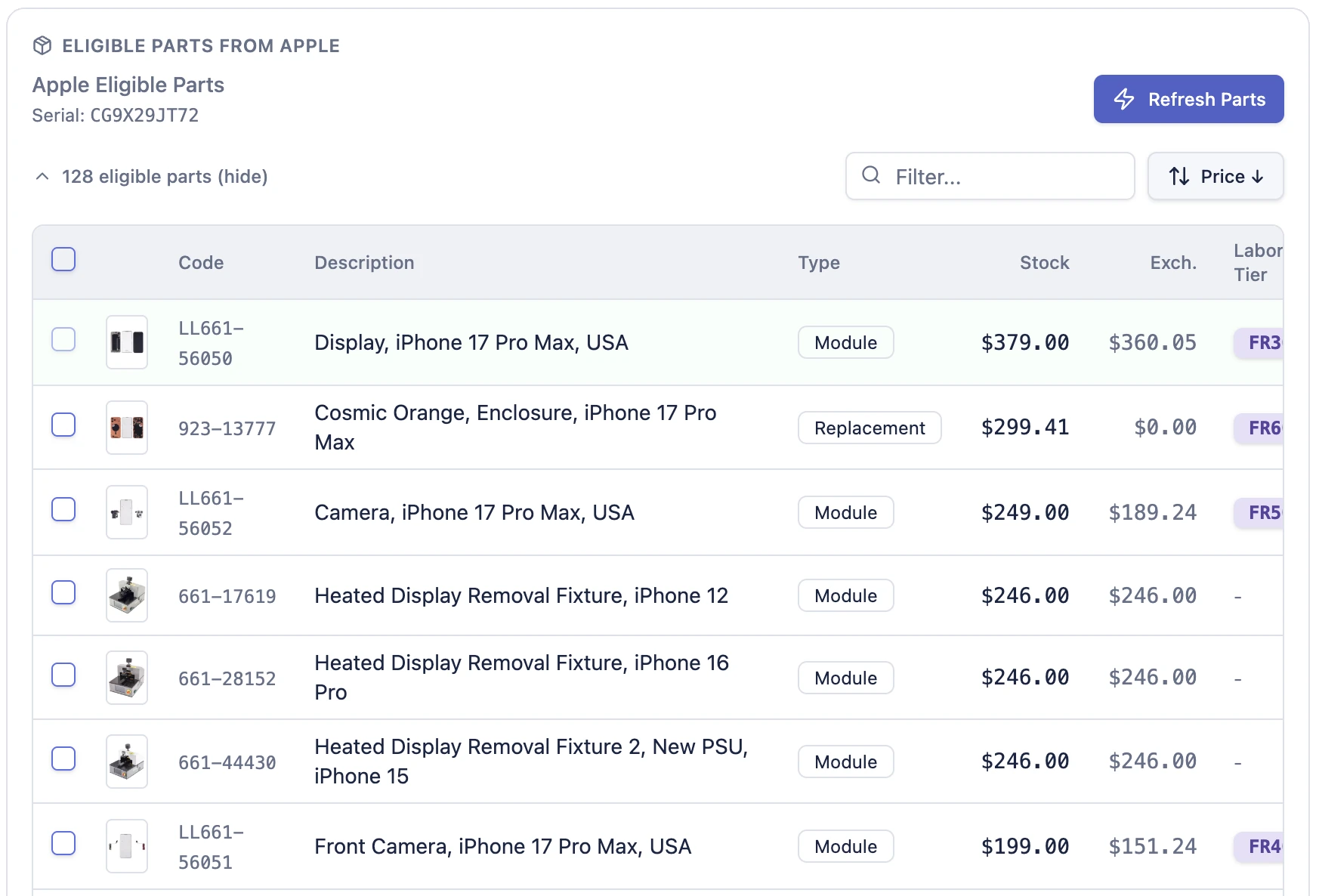 BenchOS parts lookup in light mode