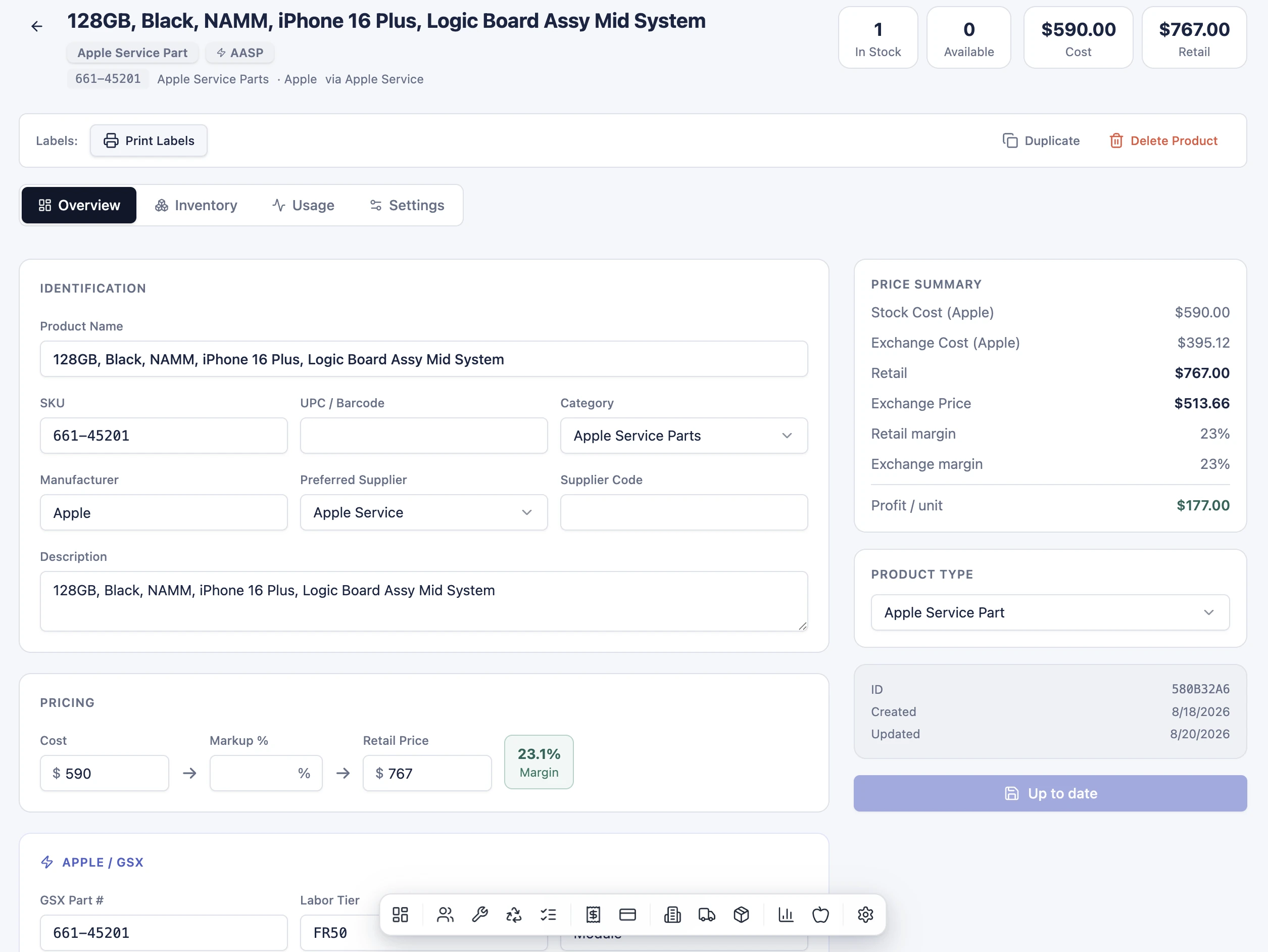 A BenchOS inventory product card in light mode: an Apple service part with SKU, stock, cost, retail and exchange pricing and margins