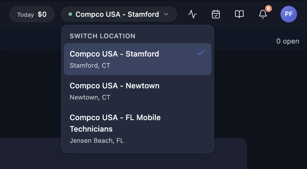 The BenchOS location switcher open in the top bar: switch between Compco USA - Stamford, Newtown and FL Mobile Technicians, each its own store, from one login