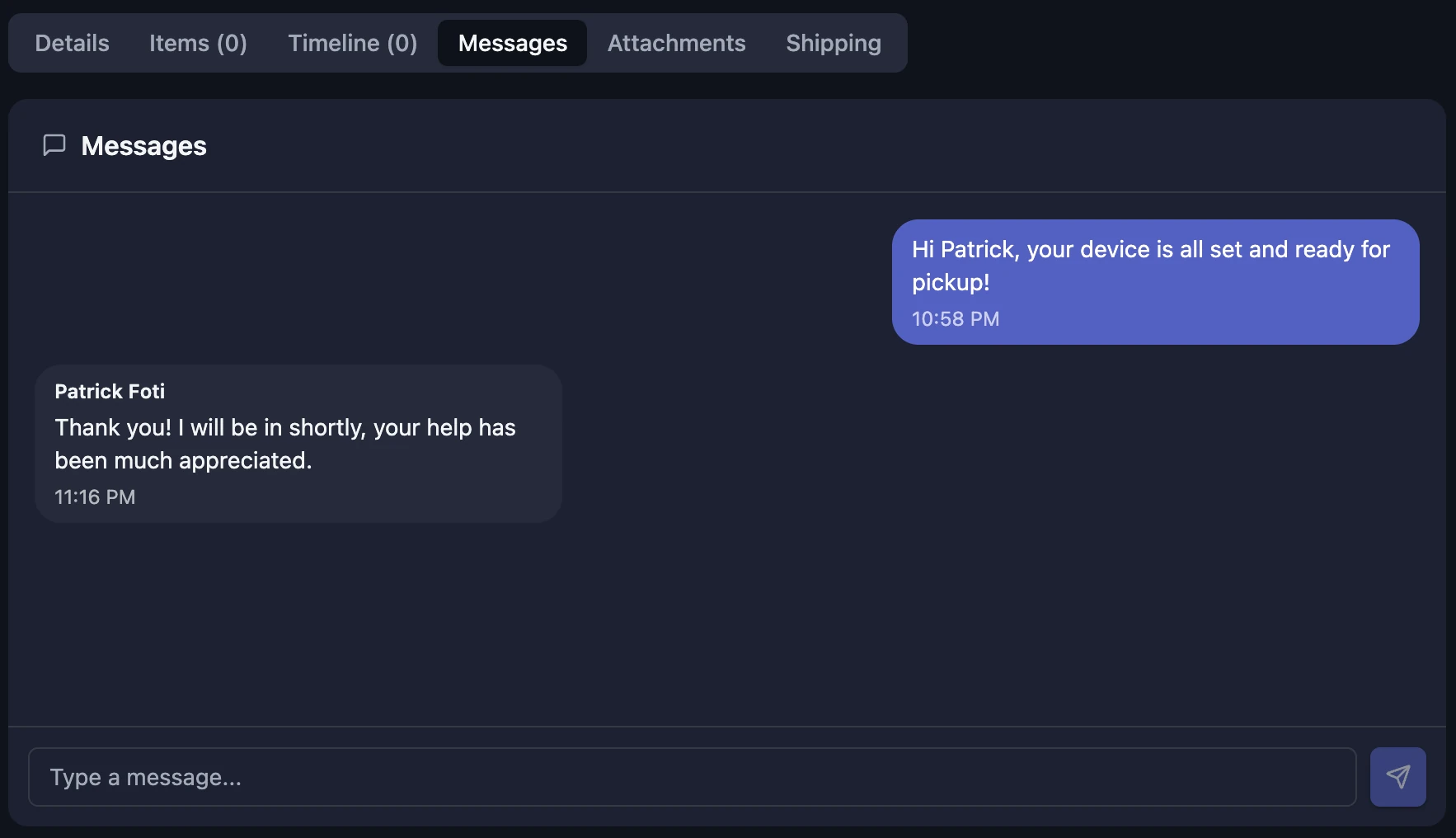 A two-way message thread on a BenchOS ticket: the shop's reply on one side, the customer's on the other, timestamped, right inside the repair