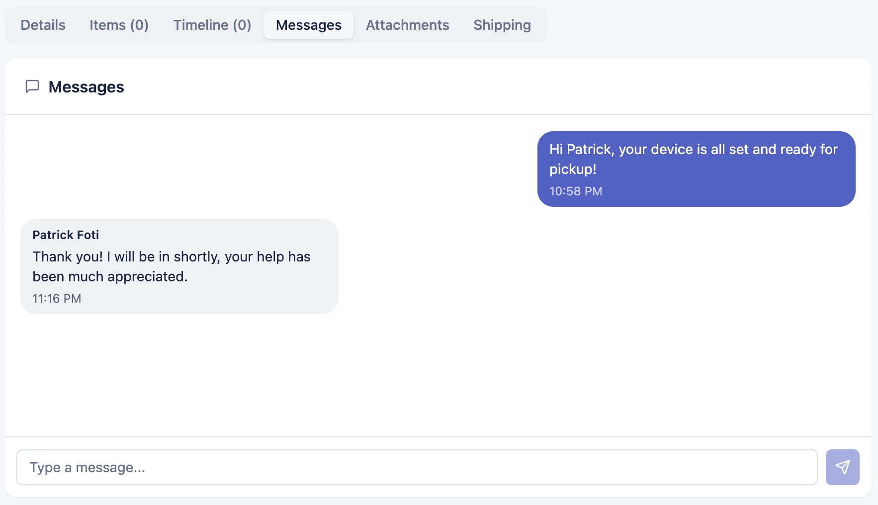 A two-way message thread on a BenchOS ticket in light mode: shop and customer messages on opposite sides, inside the repair