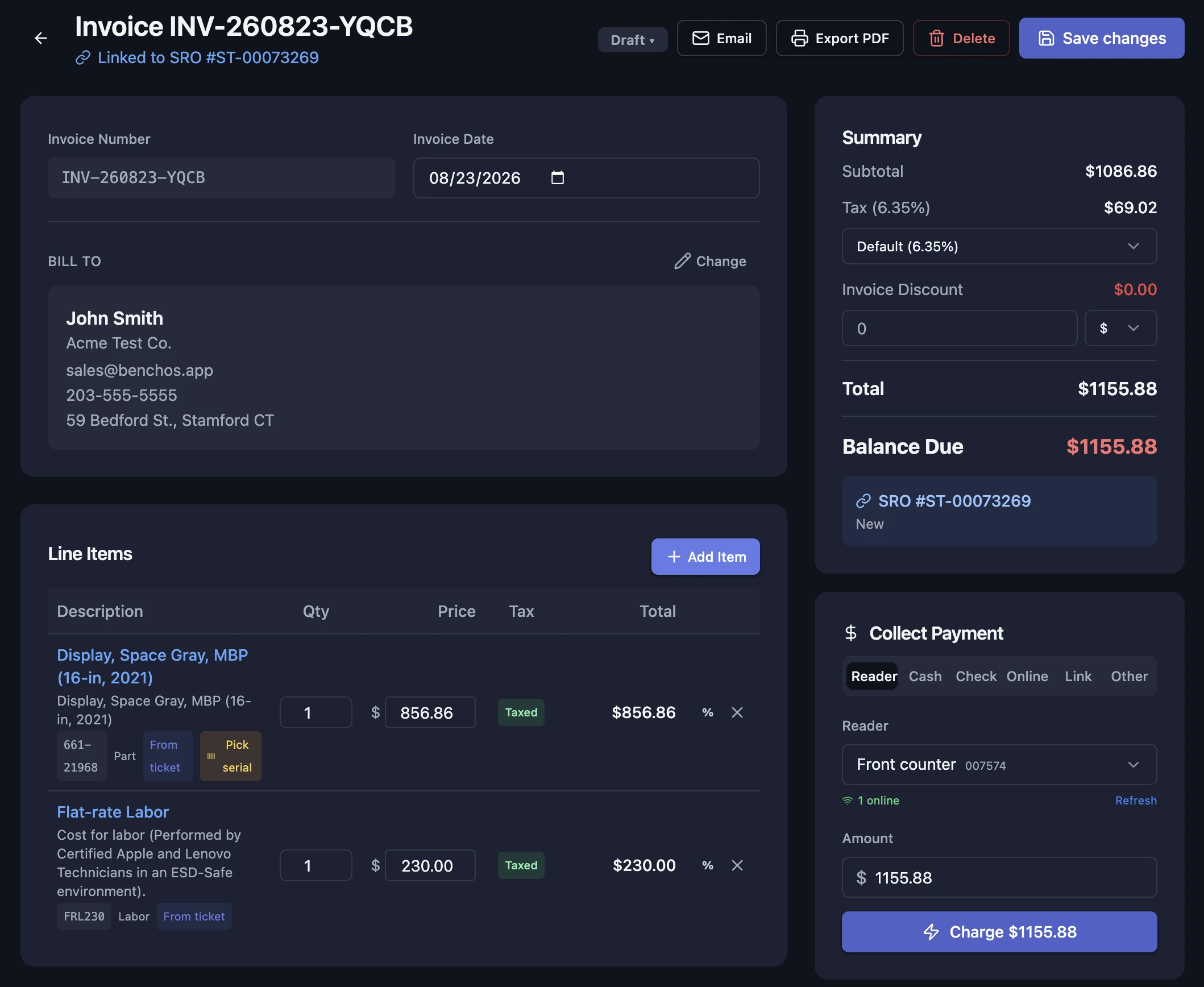 A BenchOS invoice with line items, tax and totals, and a Collect Payment panel (reader, cash, check, online, link) charging $1,155.88 through your own Stripe account