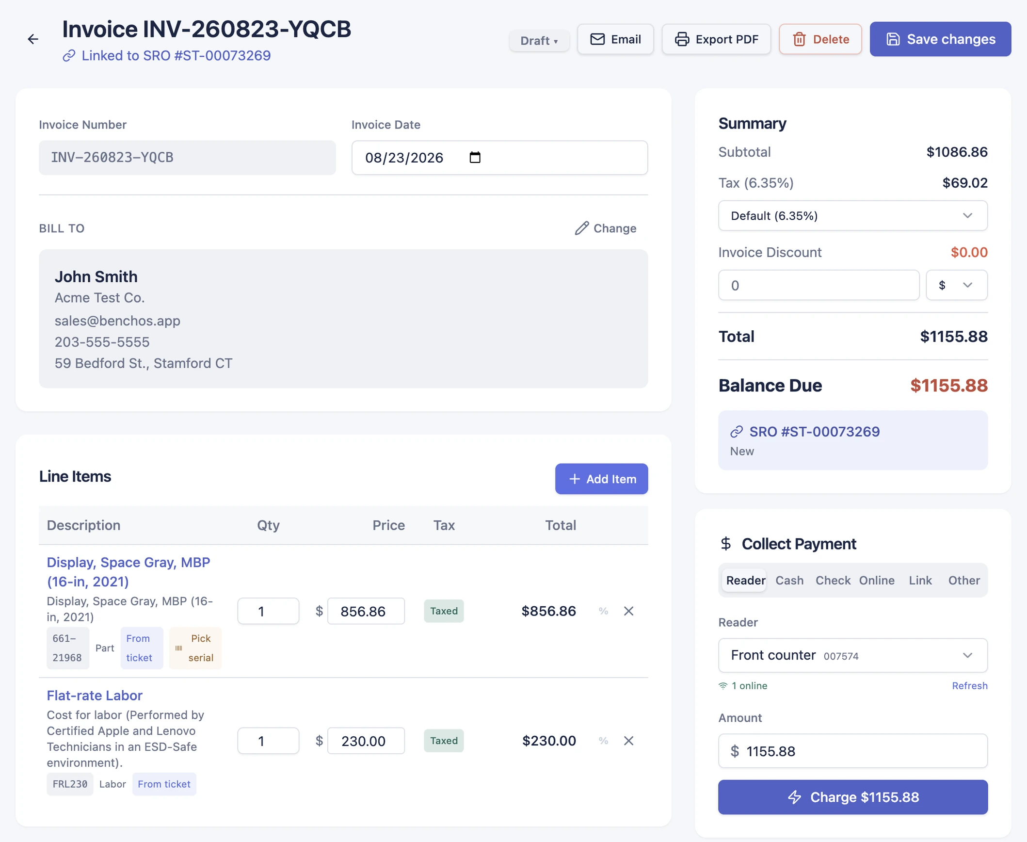 A BenchOS invoice and payment screen in light mode: line items, a summary totaling to the cent, and card payment through your own Stripe reader