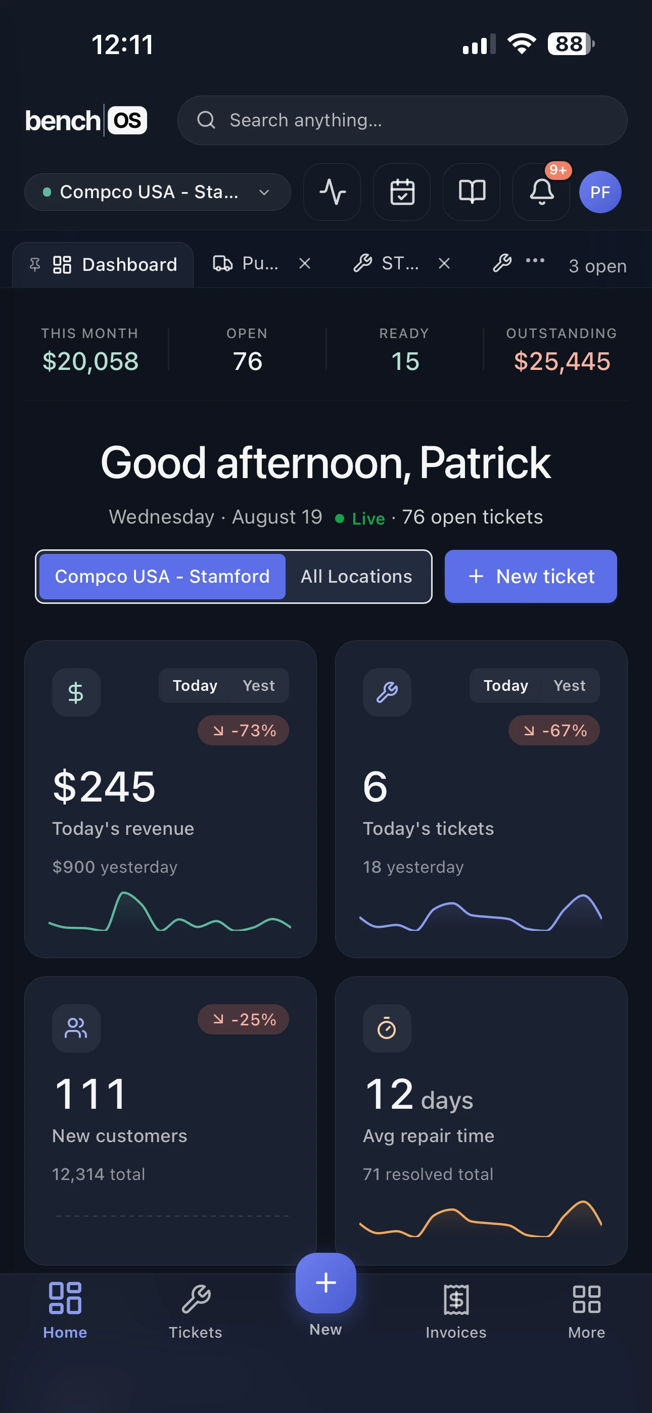 BenchOS on a phone: today's revenue, tickets and repair metrics for a live AASP