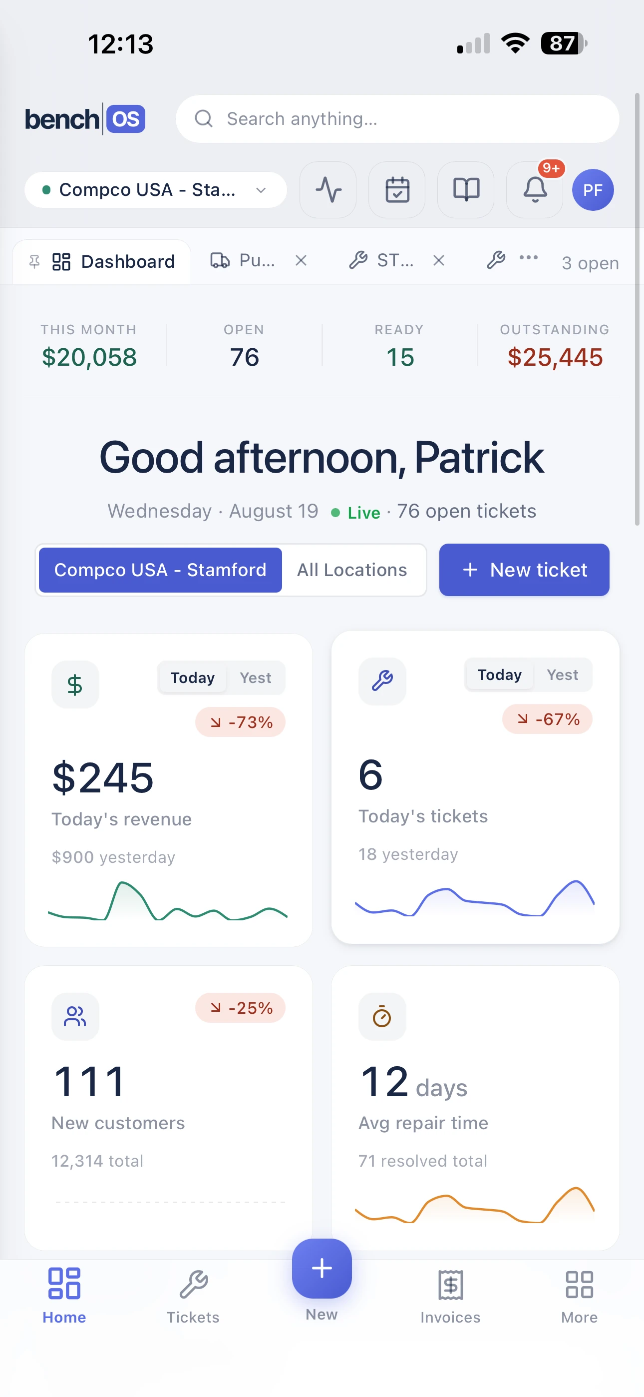 BenchOS on a phone: today's revenue, tickets and repair metrics for a live AASP