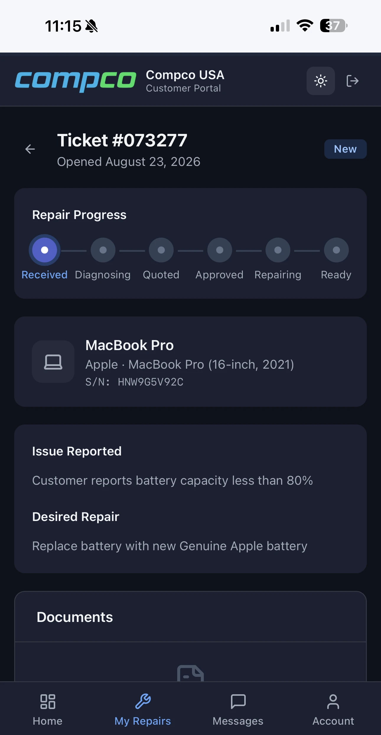 The BenchOS customer portal on a phone: a customer tracks their MacBook Pro repair with a live progress bar, device details and the reported issue