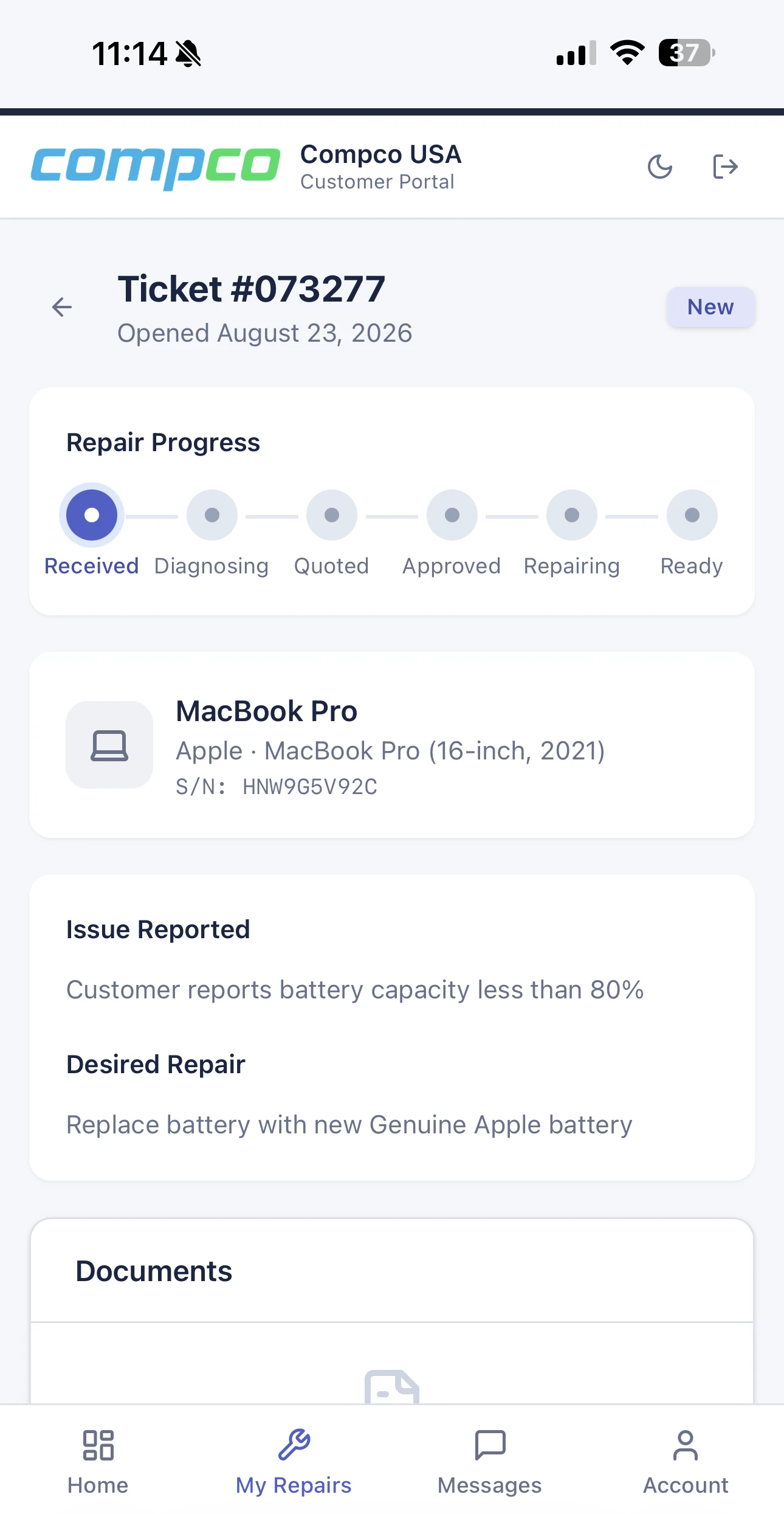 The BenchOS customer portal on a phone in light mode: live repair progress, device details and the reported issue