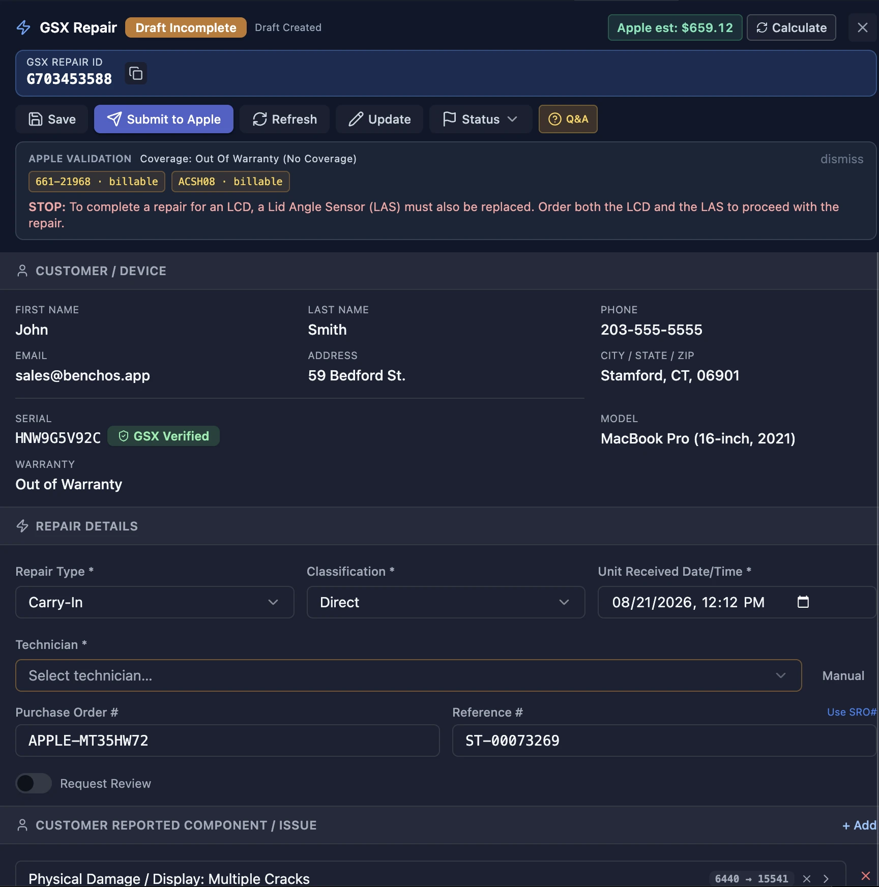 BenchOS GSX repair submission: a validated repair draft (repair ID, Apple coverage, customer, device, repair type and timestamps) ready to send to Apple, all inside the ticket