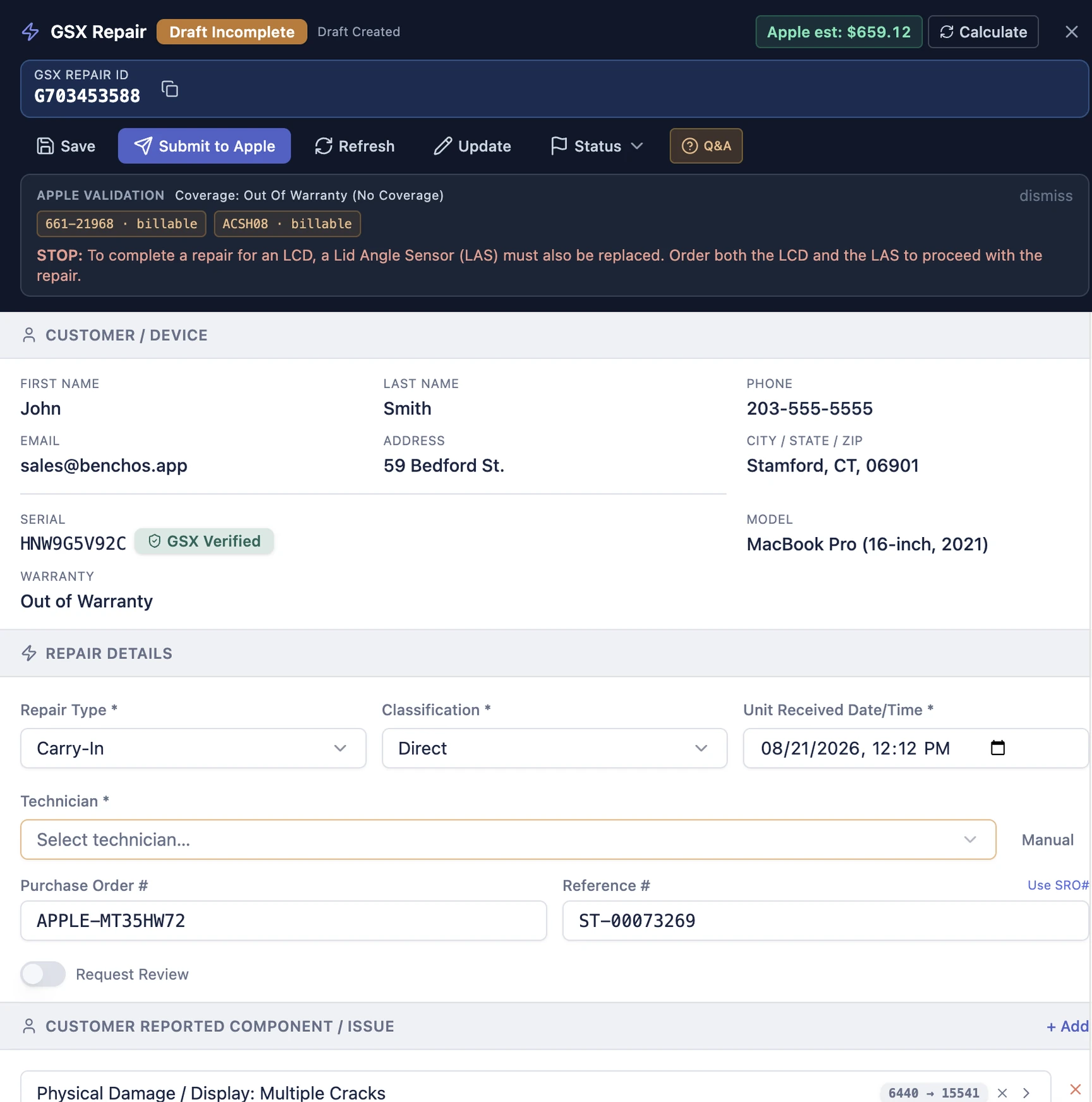 BenchOS GSX repair submission in light mode: a validated repair draft ready to send to Apple from the ticket