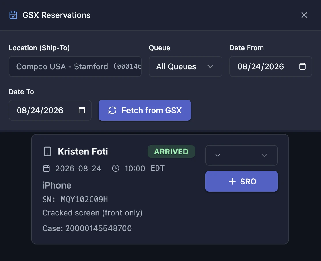 BenchOS GSX Reservations panel