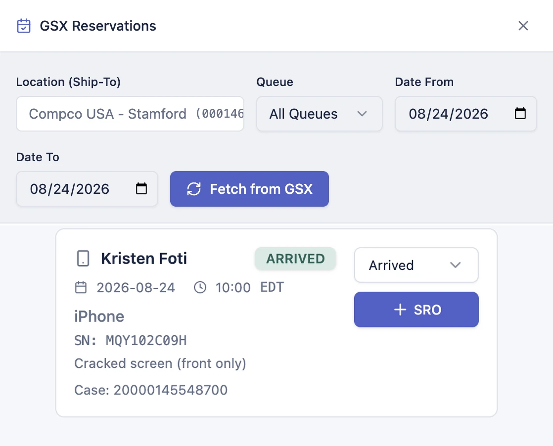 BenchOS GSX Reservations in light mode
