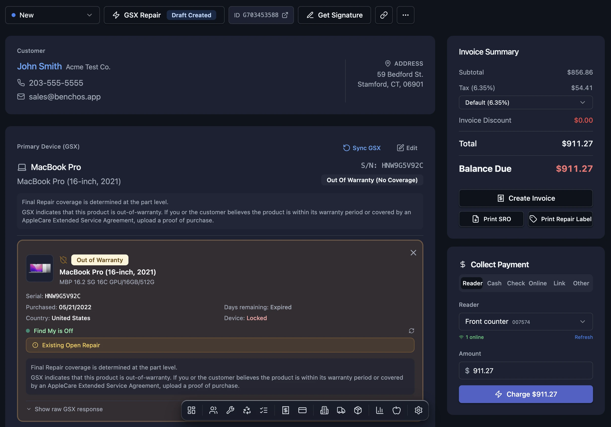 A BenchOS repair ticket: customer, GSX device with live warranty lookup, invoice summary totaling to the cent, and card payment collection, all on one screen