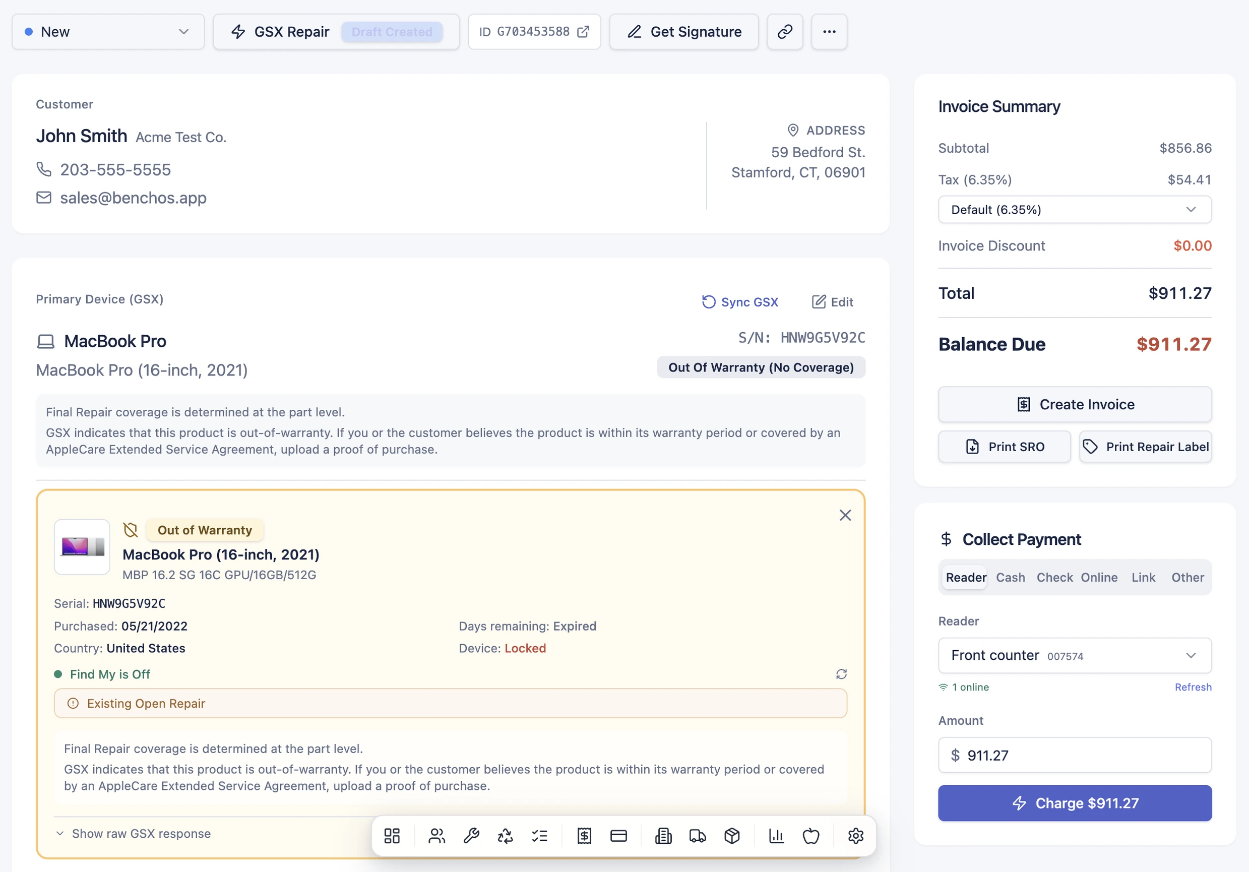 A BenchOS repair ticket in light mode: customer, GSX device, invoice summary and payment collection on one screen