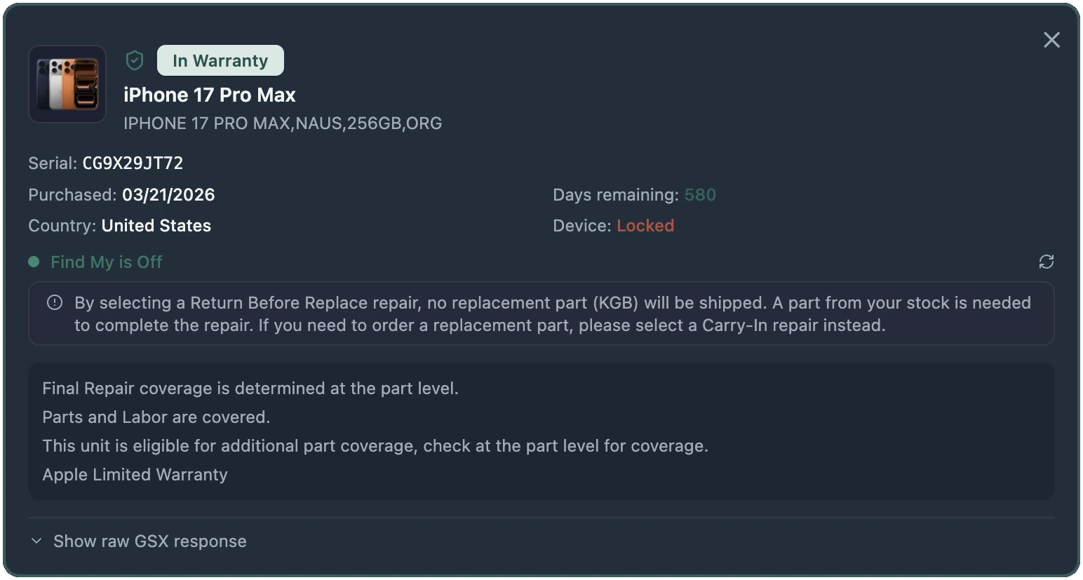 BenchOS warranty lookup showing In Warranty status, AppleCare+, serial and purchase date pulled from GSX