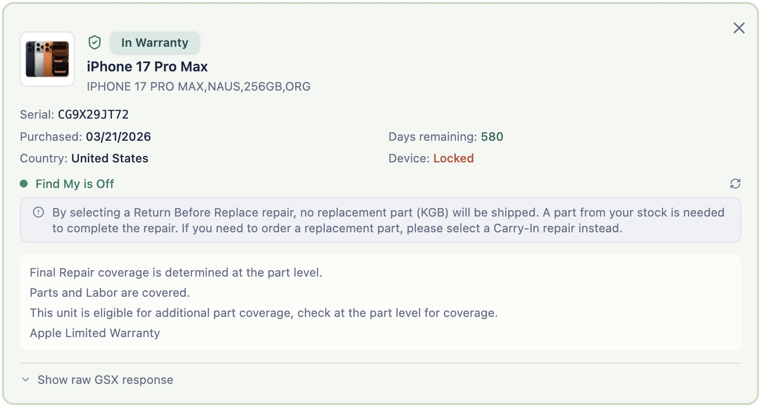 BenchOS warranty lookup in light mode